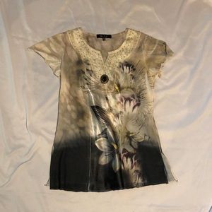 Flower shirt with bead and gem detailing